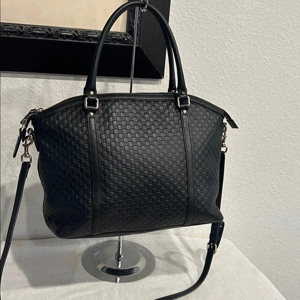 Gucci Microguccissima 2way Shoulder Tote Bag Black Leather Handbag +COA